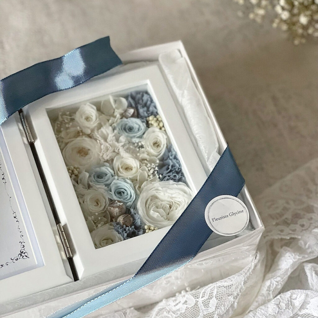 両親贈呈品 子育て感謝状 プリザーブドフラワー ブルー
