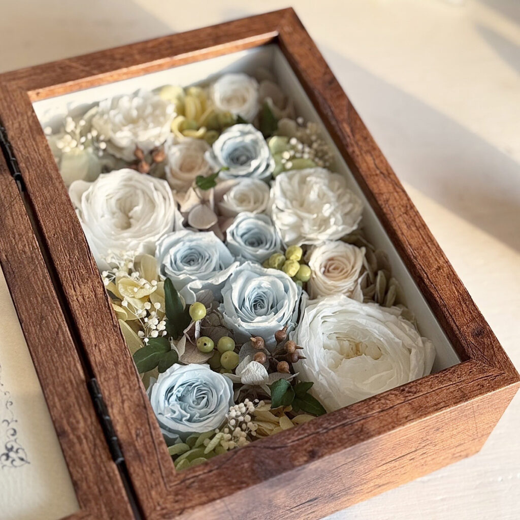 両親贈呈品 子育て感謝状 プリザーブドフラワー ブルー